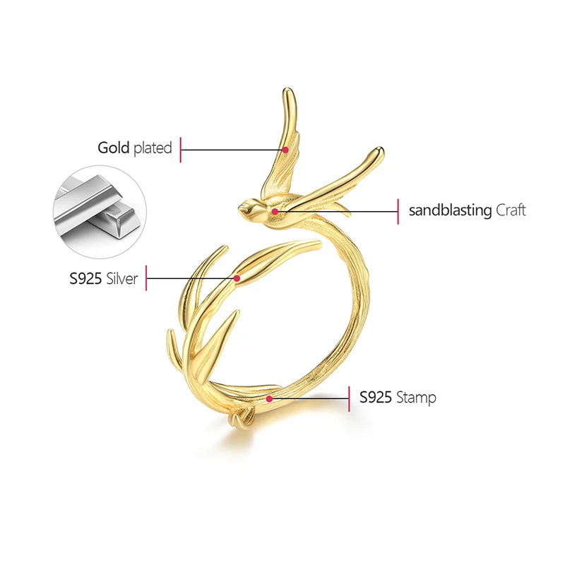 Anillo Ajustable Golondrina y Sauce Baño de Oro de 18K