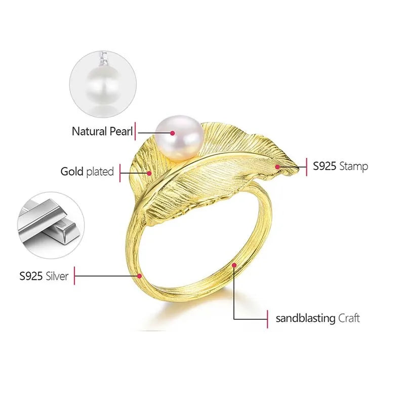 Anillo Ajustable Hoja Perla Natural Baño de Oro 18k