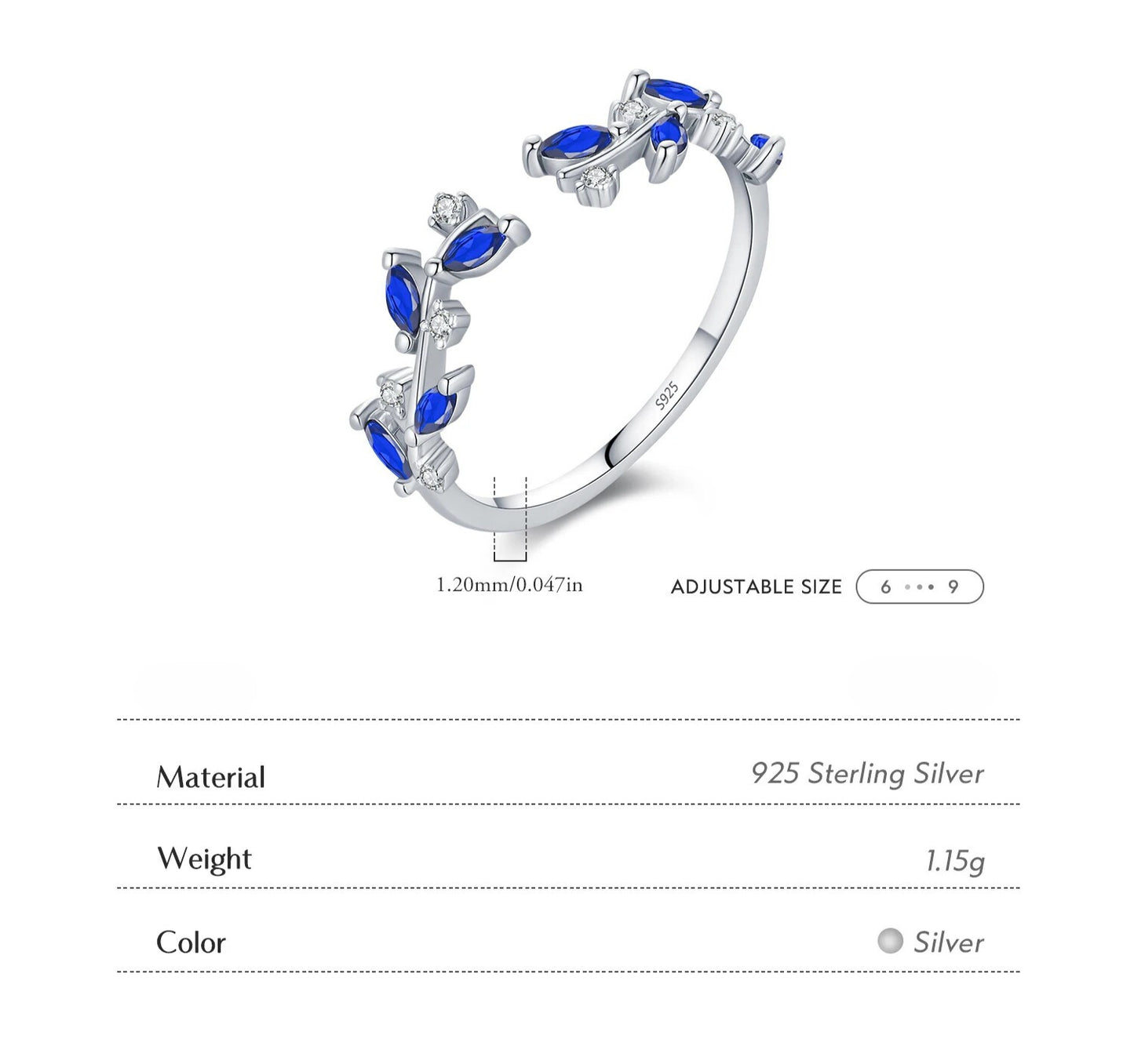 Anillo Ajustable Hojas de Zircón Azul